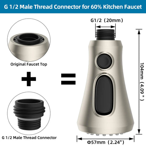 Universal Kitchen Faucet Head Replacement With 15 Adapter Kit showing G1/2 male thread connector and brushed nickel finish