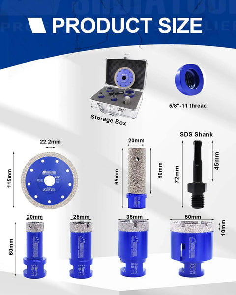 Beefy Pro Grade Diamond Drill Core Bits Set With Milling Bit And 115mm Saw Blade For Porcelain Tile Marble Ceramic Granite Five Eighths Inch 11 Thread Six Pieces, shown with measurements and storage case.