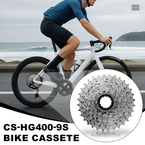 Cyclist on road with highlight of 9 Speed Bike Cassette CS-HG400-9 11-32T Sprocket for mountain, folding, commuter bikes.