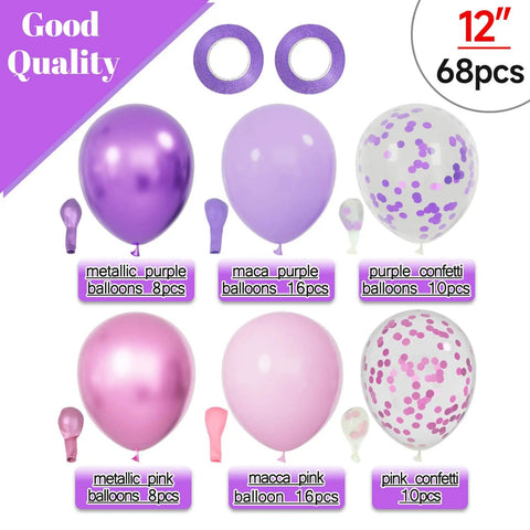 Sixty Eight Piece Pink And Purple Balloons Set 12 Inch Metallic Latex Party Decor With Ribbon Ties For Weddings Birthdays And Baby Showers Goes Hard Absolute Party Atmosphere Booster featuring various balloons.