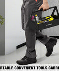 Person carrying Grippy Handle Metal Tool Tray Portable Tote with tools in a shop setting