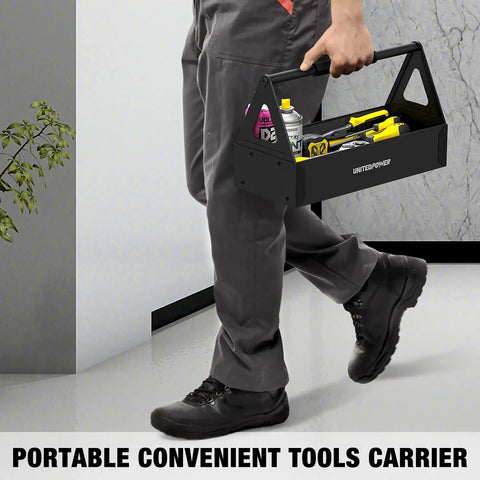 Person carrying Grippy Handle Metal Tool Tray Portable Tote with tools in a shop setting