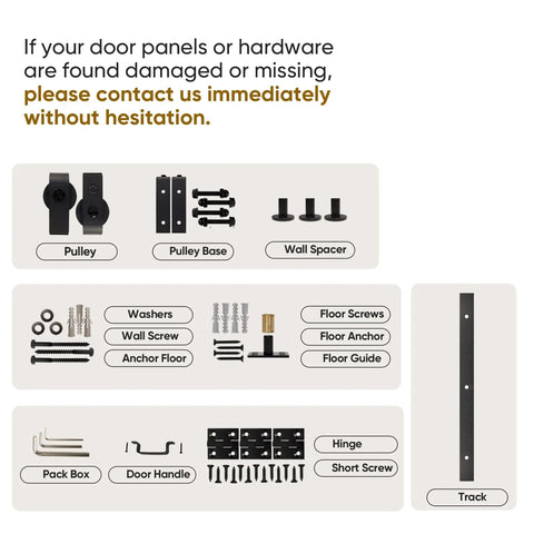 Smooth Glide Bi Fold Barn Door 84 Inch Tall Pre Built Six Panel Closet Slab hardware including pulleys, screws, hinges and track.