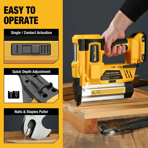 Slick Kickass Cordless Brad Nailer 18 Gauge Electric Nail Gun Compatible With Dewalt 20V Max showcasing depth adjustment and actuator