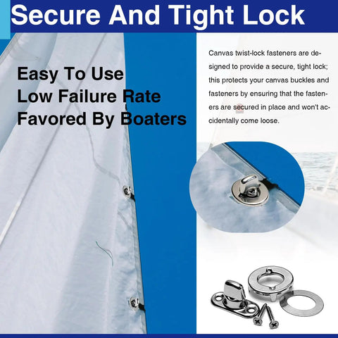 Whopping Ten Pack Heavy Duty Zinc Alloy Twist Lock Fasteners on canvas tarp, displaying secure twist-lock mechanism and eyelet screws.