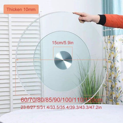 Massive 47 Inch Clear Tempered Glass Lazy Susan Turntable With Killer Smooth Swivel Rotation, showing dimensions and thickness.