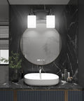 Two Light Black Vanity Sconces, Dope Industrial Style Bathroom Lighting Fixture With Milky Glass Shades mounted above round mirror