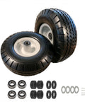 10 Inch Solid Tire And Wheel 4.10/3.50-4 Puncture Proof Cart Wheels 2 Pack with polyurethane tires and assemblies.