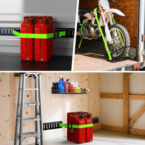 E Track Tie Down Rail Kit 4 Pack 16 Inch Rails With 12 Ft Ratchet Straps O Rings Tie Offs Storage Bag For Trailers Vans Trucks And Garages Heavy Duty Cargo Securement in use