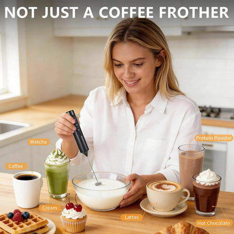 Woman using Rechargeable Handheld Milk Frother With Stand 3 Speeds And 3 Detachable Stainless Steel Whisks Electric Drink Mixer