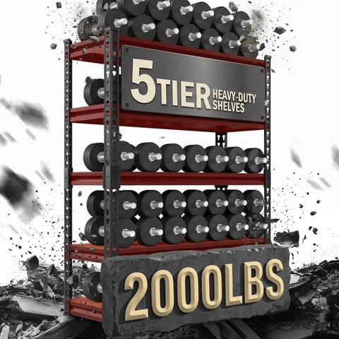 Five Tier Heavy Duty Metal Shelving Rack Featuring Fully Adjustable Levels Seventy Two Inches High By Thirty Six Inches Wide Hauls Up To Two Thousand Pounds for weights.