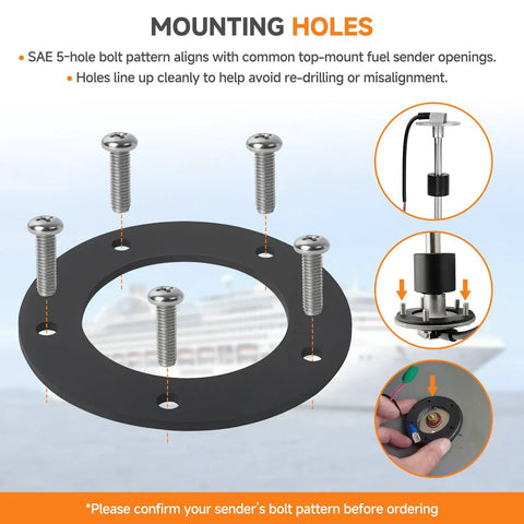 Top Shelf Nbr Fuel Sending Unit Gasket Kit With Five Heavy Duty Stainless M5 Screws showing mounting holes for secure fit.