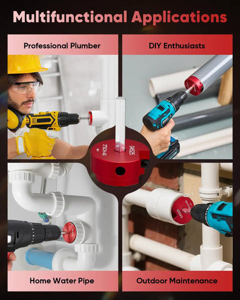Multifunctional use of 2-Inch PVC Pipe Reamer Kit With 2-Inch Head for ABS CPVC pipes, shown in plumbing and DIY settings