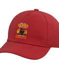 Red Forklift Operator Adjustable Baseball Hat for Warehouse Crew, side view showing printed design with forklift graphic.