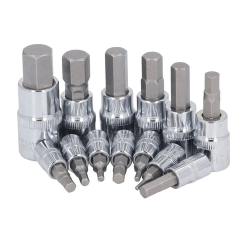 Complete Hex Bit Socket Set With 13 Essential Pieces Covering 2mm To 14mm With Versatile 1/4 3/8 And 1/2 Inch Drive for various repairs.