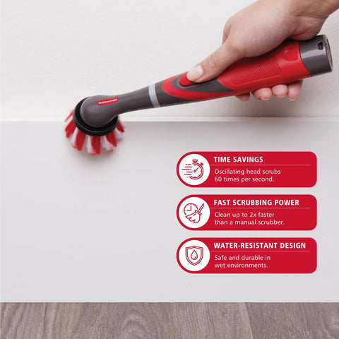 Kick Serious Grime With This Cordless Power Scrubber Kit An Oscillating Cleaning Rig in action on baseboards with a red and black hand scrubber.