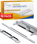 Slick 1 Inch Prong Paper Fastener Set With Heavy Gauge Binding Clips For Office And School Projects in a 50 count box.