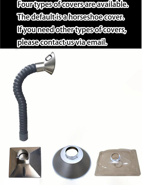 360 Degree Adjustable Fume Extractor arm with 7.9 inch hood and hose, shown with interchangeable covers for welding and soldering.