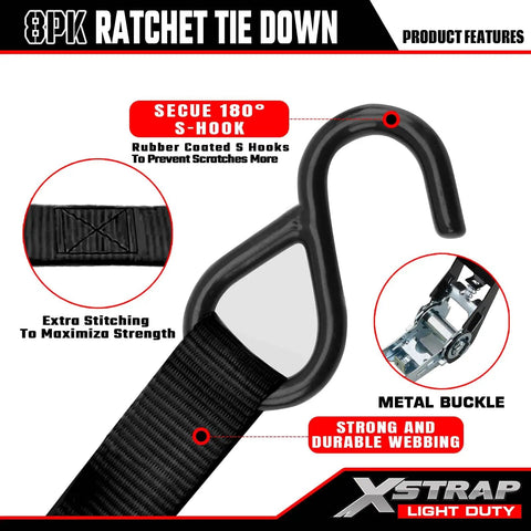 Close-up of ratchet tie down strap with coated S-hook, showcasing secure 180° S-hook and metal buckle, Eight Pack 1 Inch Wide By 10 Foot Ratchet Tie Down Straps Heavy Duty With 900 Pound Break Strength And 300 Pound Working Load Limit Each Easy Release Coated Handles And S Hooks Ideal For Moving Appliances Lawn Equipment And Motorcycles