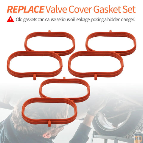 Heavy Duty Three Piece Air Surge Tank To Intake Manifold Gasket Kit Features Reinforced Elastomer Coating For Bulletproof Coverage That Stops Oil Leaks Dead And Helps Your Road Warrior Run Tight And Smooth Through Any Mile Marker Part 171760P021 - Orange valve cover gaskets arranged in a set, ideal for replacements.