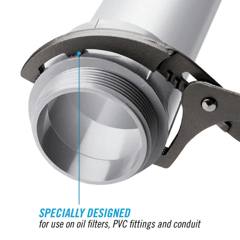 Oil Filter And PVC Plier 209 with adjustable four position grip clamping a PVC fitting