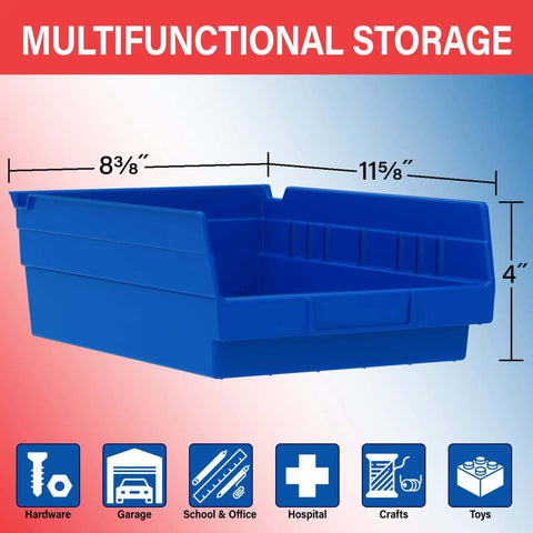 Dang Versatile Plastic Storage Bins For Refrigerator And Kitchen Pantry Organization Yellow Shelf Containers Fit Under Sink Cabinets Or Garage Shelving 12X8X4 Inch Heavy Duty Bulk Pack Of 12 in blue showing size and multifunctional use.