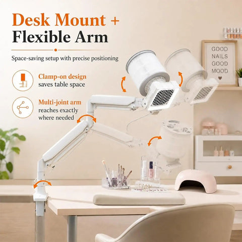 Top Shelf Quiet Nail Dust Collector Vacuum Fan With Adjustable Suction Reusable Filter And Smooth Cyclone Airflow For Salon Pros And Home Beauty Buffs, desk mount with flexible arm.