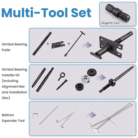 Complete Gimbal Bearing Puller And Alignment Kit For Mercruiser Alpha Bravo Volvo Sterndrive includes puller, installer kit, and bellows expander tools.