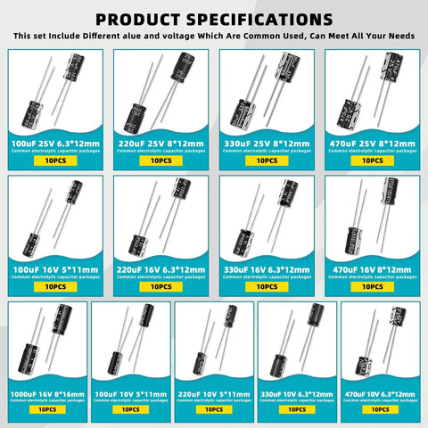 Product specifications for Sweet 260 Pcs Electrolytic Capacitor Assortment Kit showcasing various sizes and values.