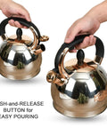 Stainless Steel Whistling Tea Kettle With Encapsulated Bottom For Even Heat Distribution 2.8 Quart, showing push-and-release button.