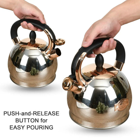Stainless Steel Whistling Tea Kettle With Encapsulated Bottom For Even Heat Distribution 2.8 Quart, showing push-and-release button.