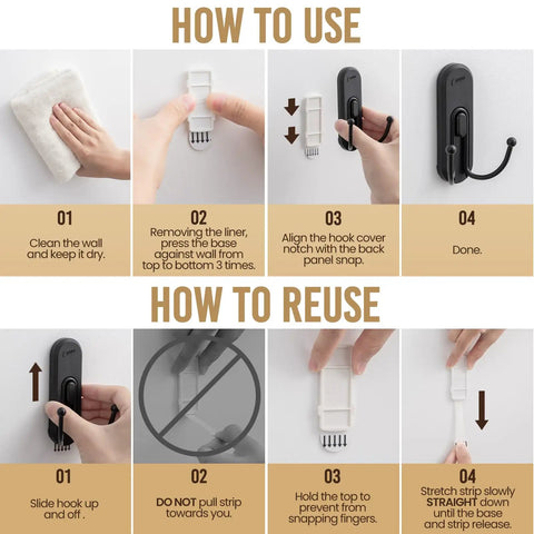 How to use and reuse Adhesive Double Hooks For Hanging With Four Coat Hooks And Six Strips No Tools Required Removable Large Wall Hanger