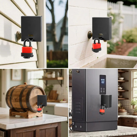 Multiple views of water spigot lock with adjustable design, installed on various hose bibs, showing universal fit and easy installation.