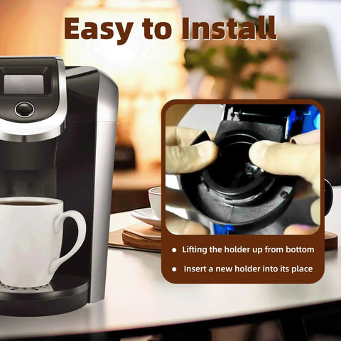 K-Cup pod holder replacement for Keurig; black plastic insert shown being installed in a Keurig coffee maker.