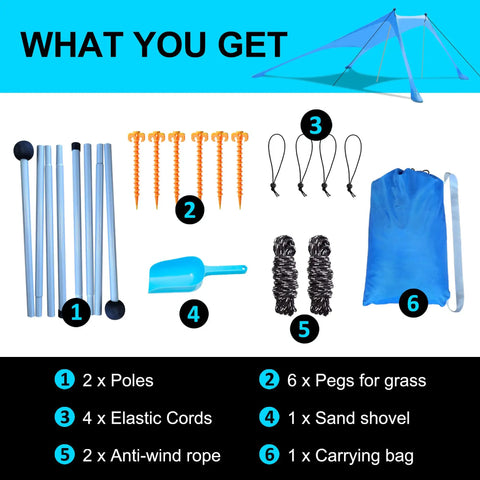 Sun Shield Beach Canopy Tent With UPF 50 Plus Protection parts: poles, pegs, ropes, cords, shovel, bag, for setup and stability.