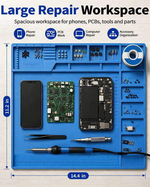 Premium Grade All Purpose Silicone Soldering Mat Delivers Heavy Duty Heat Blocking Up To 932 Degrees Fahrenheit For Zero Drama Phone Pc Circuit Board Repair Setup shown with tools and parts.