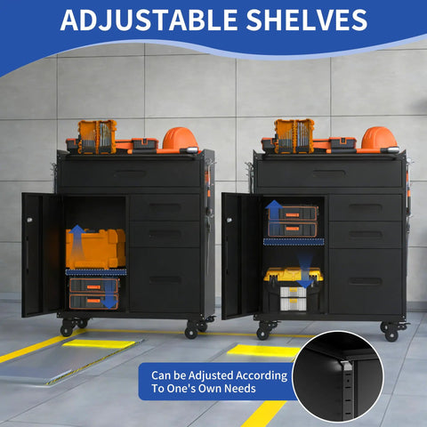 Rock Solid Mobile Tool Cabinet With Rollable Casters And Secure Locks For Garage Workspace Organization Zero Hassle Mobility Durable Gear Locker 30 Inch Black showing adjustable shelves and tool storage.