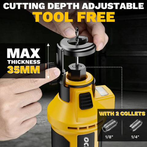 Heavy Duty Brushless Cordless Rotary Saw With 30000 RPM Maximum Speed And Three Adjustable Modes showing tool-free adjustable cutting depth with a drill bit.