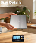 Wireless Kitchen Scale Detachable Display Pro Grade Large Platform 33Lb 15Kg Precise 0.1oz 1g 9 Units Counting Function Stainless Steel For Cooking Baking Shipping Silver shown with size details.