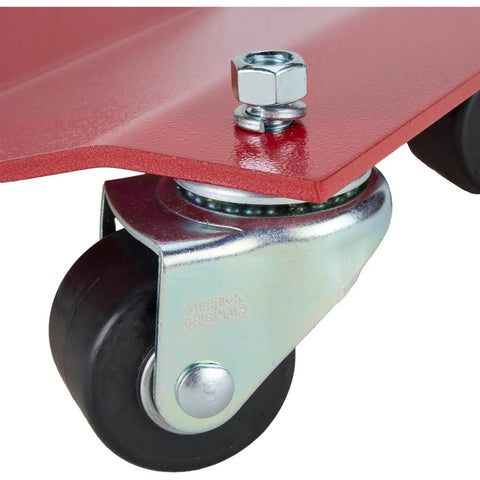 Close-up of heavy duty caster of Ultra Slick Auto Dollies For Moving Vehicles showcasing red steel frame and poly bearing wheel.