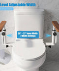 Top Shelf Heavy Duty Adjustable Toilet Safety Rails Built Tough With Rock Solid Steel Frame For Seniors Recovering From Surgery showing 2-level adjustable width with wooden armrests.