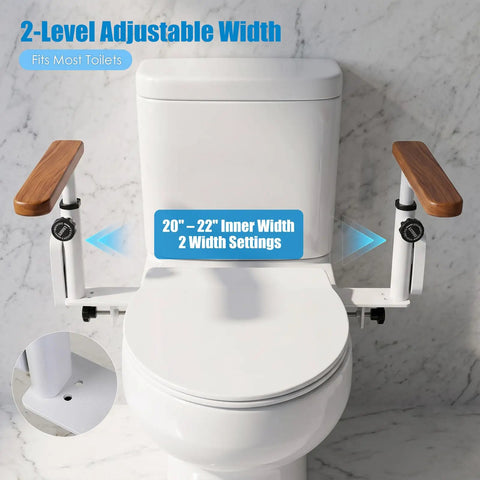 Top Shelf Heavy Duty Adjustable Toilet Safety Rails Built Tough With Rock Solid Steel Frame For Seniors Recovering From Surgery showing 2-level adjustable width with wooden armrests.