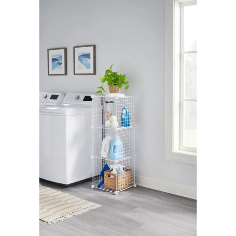 Three Piece Wire Stackable Cube Storage Set White For Closet Bookshelf And Toys Easy To Assemble in laundry room corner