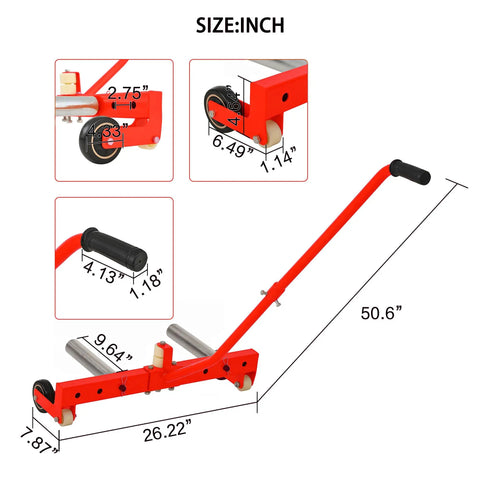 Heavy Duty Adjustable Tire Wheel Dolly Full Size Cart Rock Solid 660 Lbs Capacity with detailed size measurements in inches.