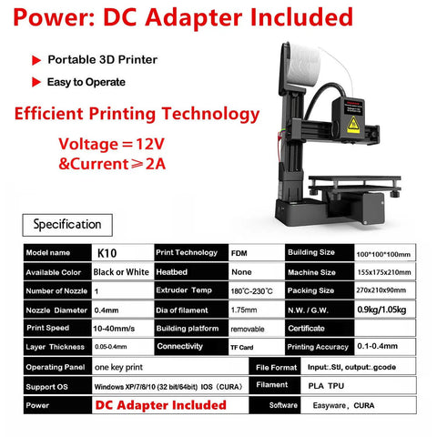 Portable Compact FDM 3D Printer With Quick Release Build Plate PLA And TPU Filament Hook Up 0.4mm Print Head with DC adapter included.