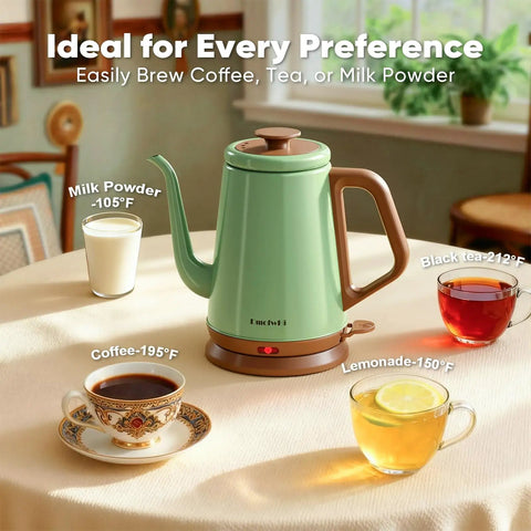 Gooseneck Electric Kettle 1L For Precise Pour Over Coffee And Tea Stainless Steel BPA Free Green Finish Ergonomic Handle