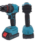 Badass Cordless Drill with Brushless Motor 55Nm Torque 25 Plus 1 Settings Dual Speed 0 to 1500RPM Metal Chuck side view with battery.