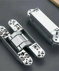 Heavy Duty Concealed Hinges For Wooden Doors, Badass 180 Degree Swing, Tight Fit Build, Rock Solid Eighty Kilogram Load, Crisp Black Finish Pair, Top Shelf Hardware Gear, Built Different Quality close-up view with detailed silver finish.