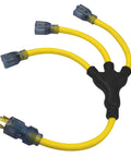 Heavy Duty Yellow Line Stow Adapter 30 Amp 2 Foot 12/3 AWG Extension Cord with three outlets for job site power.