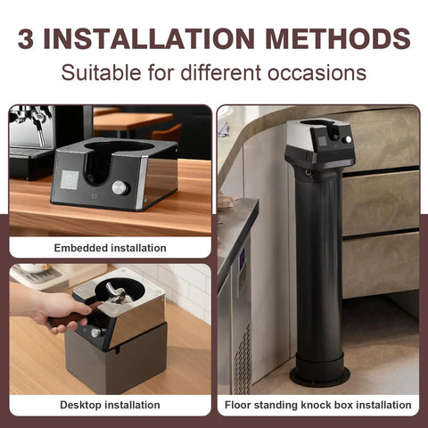 Absolute Knockout Electric Portafilter Cleaner And Automatic Espresso Puck Remover with three installation methods shown.